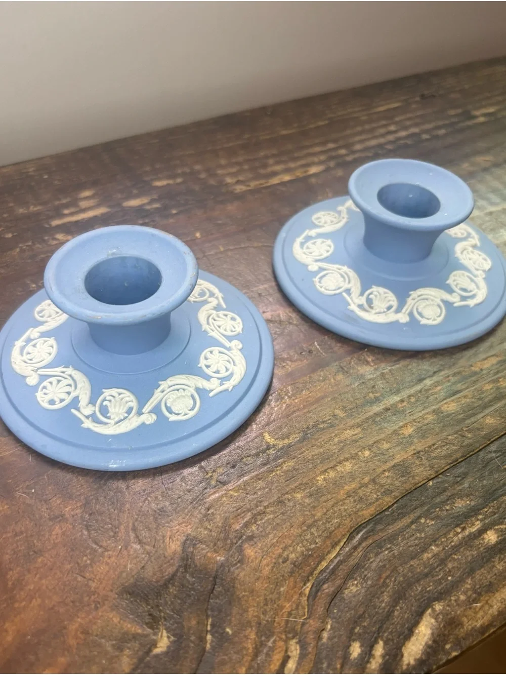 Vintage Wedgwood Portland Blue Jasperware Candlestick Holders Pair England 1976
